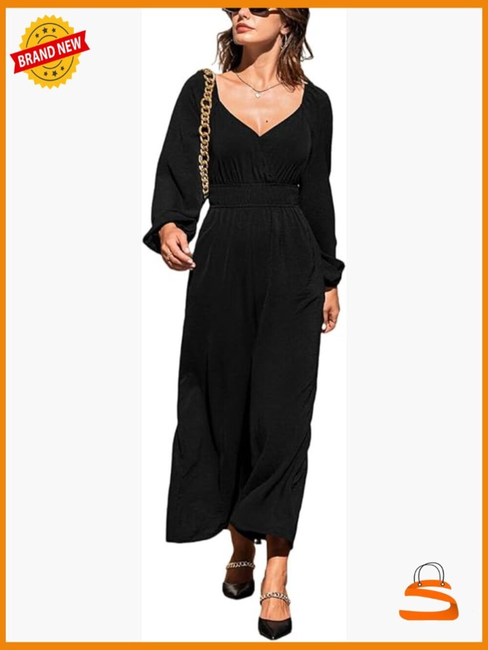 Women's Casual Loose Jumpsuit V Neck Long Lantern Sleeve Wide Leg Pants High